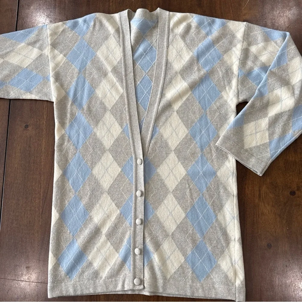 Jaeger 100% Lambswool Gray Blue Ivory Argyle Long Cardigan Sweater Vintage M